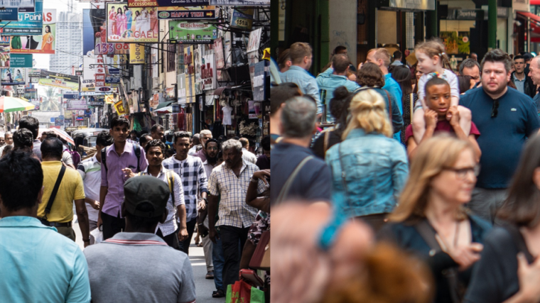 Busy street of peoples in Sri Lanka (Colombo - photo on left) and UK (London - photo on right).